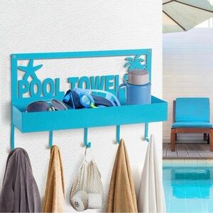 NWT wall mount pool towel hooks and storage shelf in blue 10x15